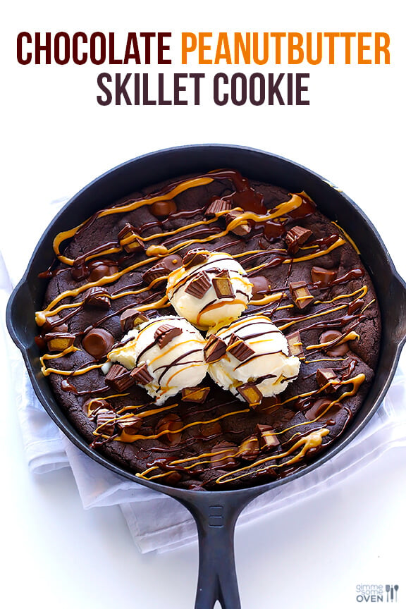 Chocolate Peanut Butter Skillet Cookie | gimmesomeoven.com #dessert