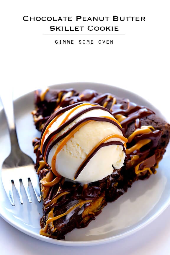 Chocolate Peanut Butter Skillet Cookie | gimmesomeoven.com #dessert