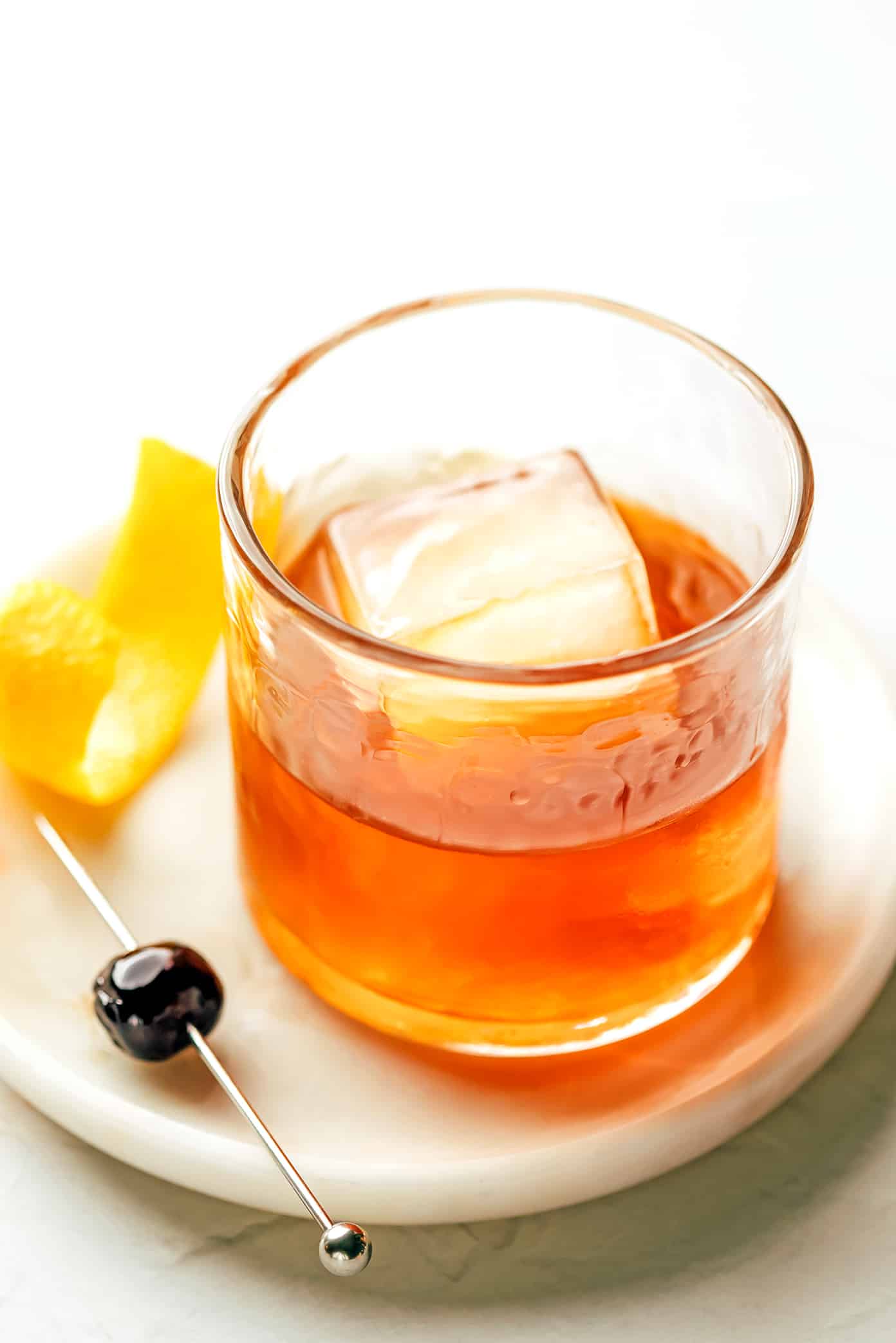 Old Fashioned Drink with Luxardo Cherry and Orange Peel