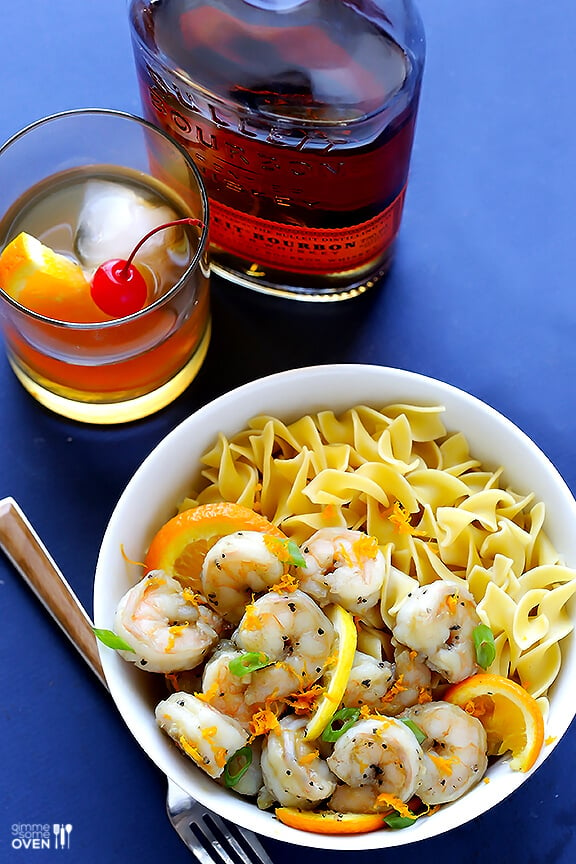 Bourbon Old Fashioned Shrimp -- an easy shrimp saute inspired by the ingredients in an Old Fashioned cocktail | gimmesomeoven.com #seafood