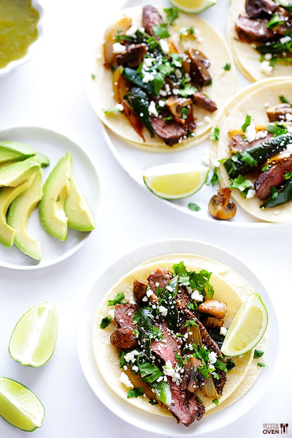 Steak, Poblano and Mushroom Tacos Recipe | gimmesomeoven.com #glutenfree #mexican