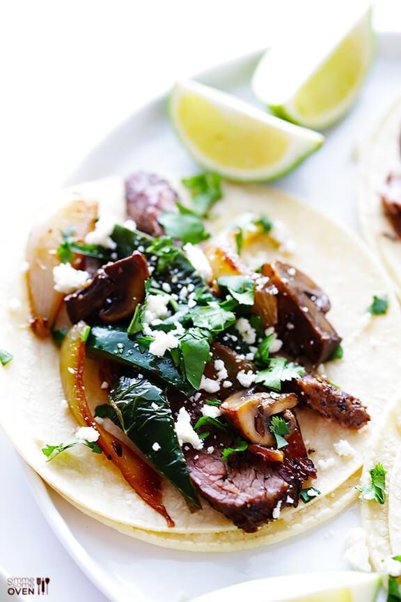 Steak, Poblano and Mushroom Tacos Recipe | gimmesomeoven.com #glutenfree #mexican