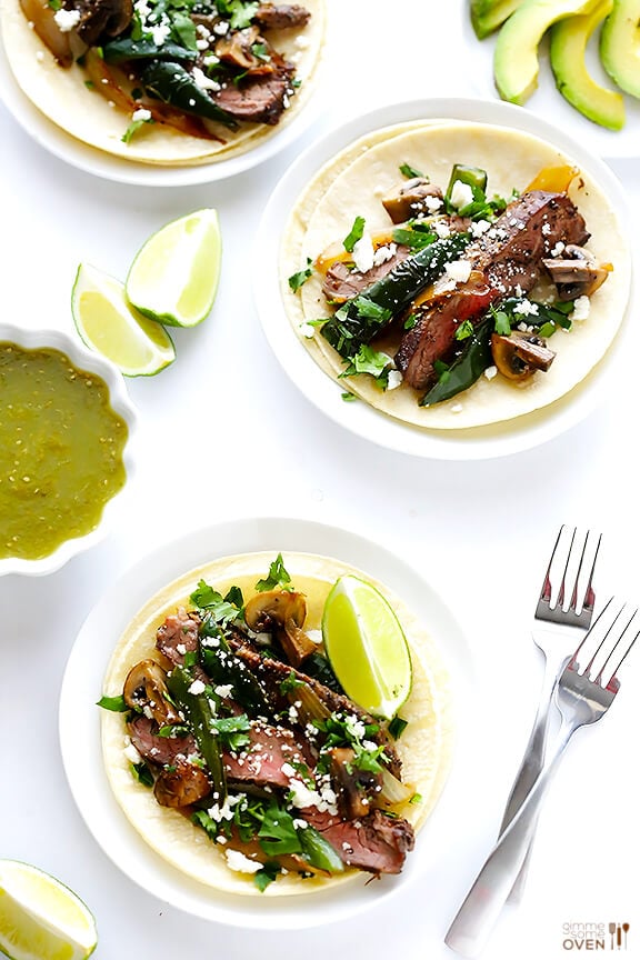 Steak, Poblano and Mushroom Tacos Recipe | gimmesomeoven.com #glutenfree #mexican