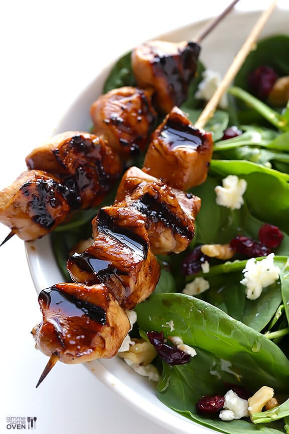 Easy Balsamic Chicken Skewers -- 4 ingredients, and perfectly sweet and savory! | gimmesomeoven.com