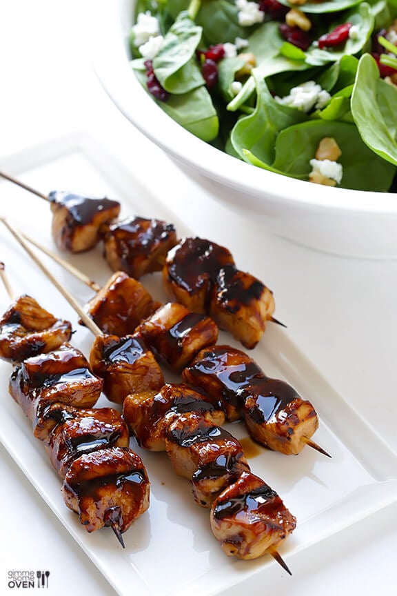 Easy Balsamic Chicken Skewers -- 4 ingredients, and perfectly sweet and savory! | gimmesomeoven.com