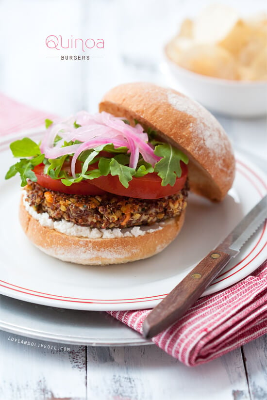 Quinoa Veggie Burgers with Pickled Red Onions | Love & Olive Oil