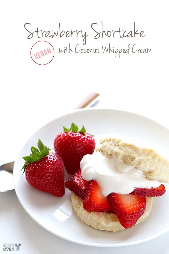Strawberry Shortcake with Coconut Whipped Cream (Vegan) -- 4 ingredient biscuits, plus juicy strawberries, plus easy coconut whipped cream.  Delish! | gimmesomeoven.com #dessert #vegan