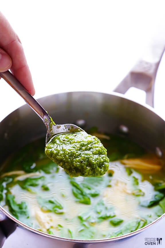 5-Ingredient Pesto Chicken Soup -- seriously one of the best soups I've ever had! | gimmesomeoven.com