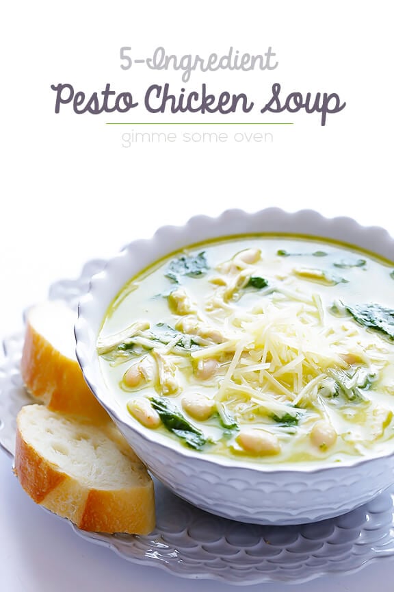 5-Ingredient Pesto Chicken Soup -- seriously one of the best soups I've ever had! | gimmesomeoven.com