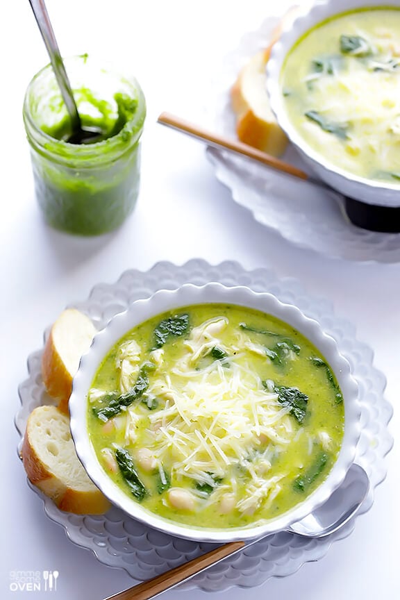 5-Ingredient Pesto Chicken Soup -- seriously one of the best soups I've ever had! | gimmesomeoven.com