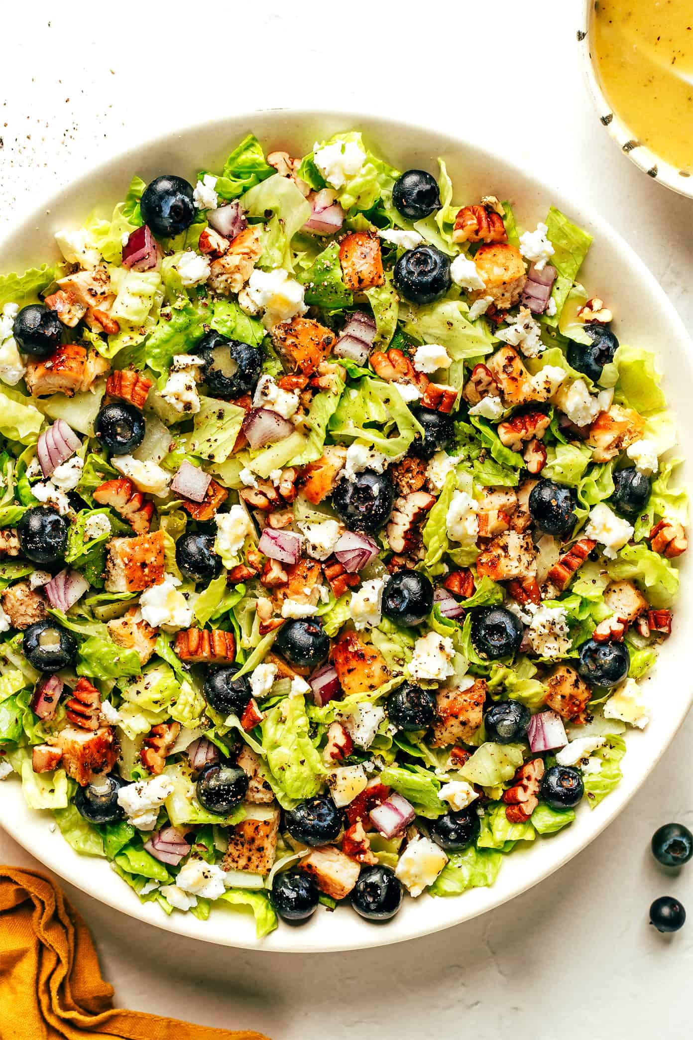 Blueberry Chicken Chopped Salad in Bowl with Lemon Vinaigrette