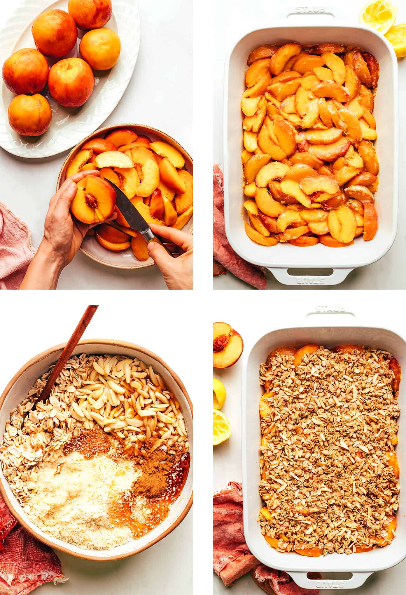 Step by step photos showing how to make peach crisp