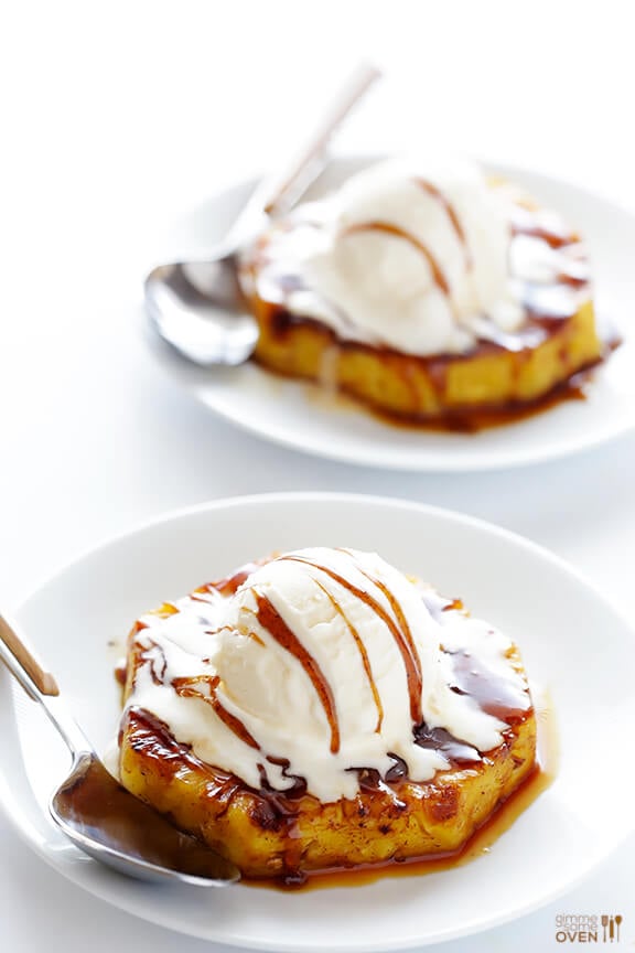 Easy Rum-Soaked Grilled Pineapple -- this is a flameless and delicious take on "pineapple foster", and it's a definite crowd-pleaser! | gimmesomeoven.com #dessert
