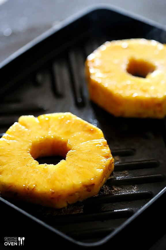 Easy Rum-Soaked Grilled Pineapple -- this is a flameless and delicious take on "pineapple foster", and it's a definite crowd-pleaser! | gimmesomeoven.com #dessert