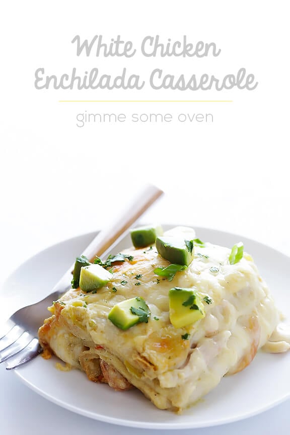 White Chicken Enchilada Casserole | gimmesomeoven.com #mexican