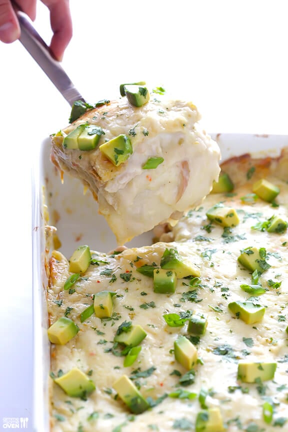 White Chicken Enchilada Casserole | gimmesomeoven.com #mexican