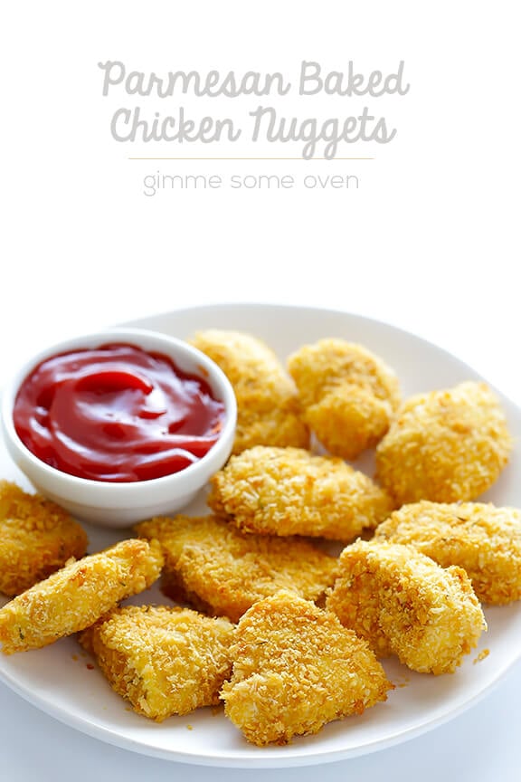 Parmesan Baked Chicken Nuggets -- crispy, easy to make, and SO tasty! | gimmesomeoven.com