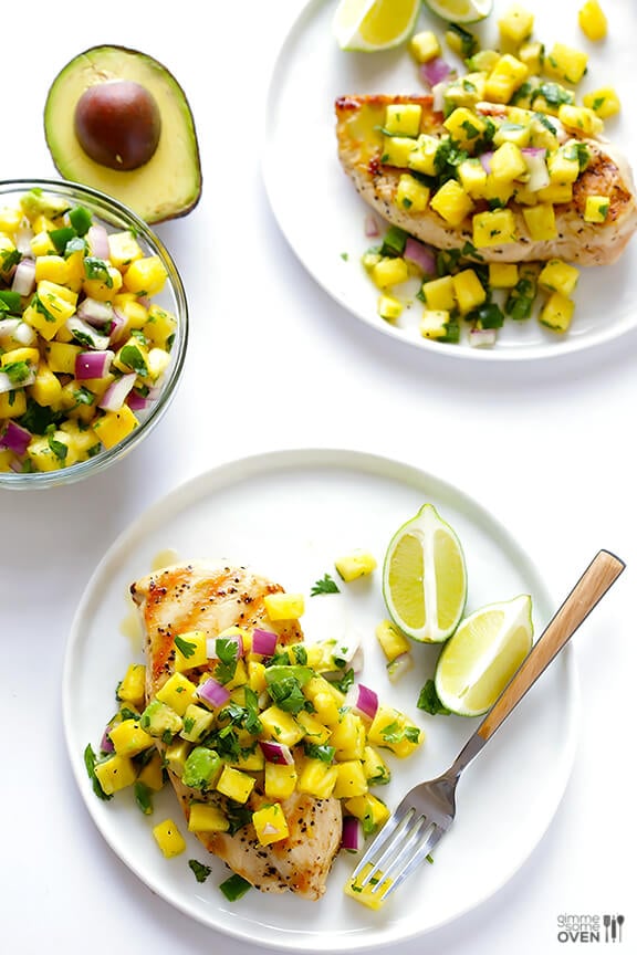 Grilled Chicken with Pineapple Avocado Salsa | gimmesomeoven.com