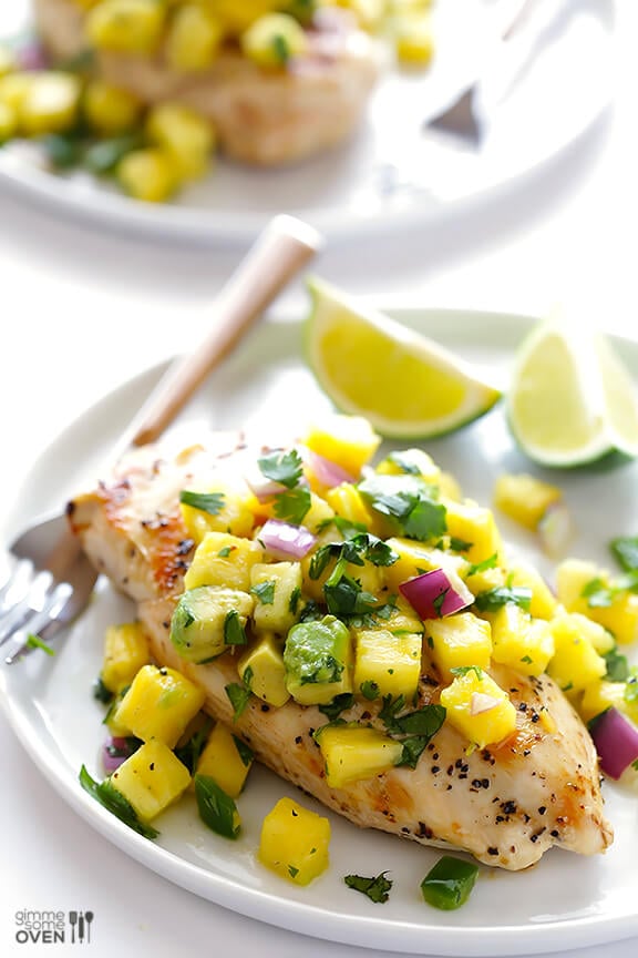 Grilled Chicken with Pineapple Avocado Salsa | gimmesomeoven.com