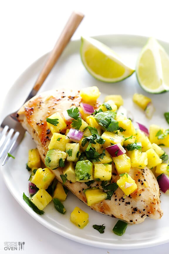 Grilled Chicken with Pineapple Avocado Salsa, see more at http://homemaderecipes.com/quick-easy-meals/16-easy-chicken-breast-recipes/