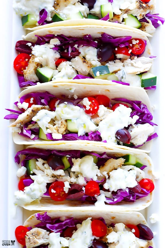 Greek Fish Tacos | gimmesomeoven.com #glutenfree