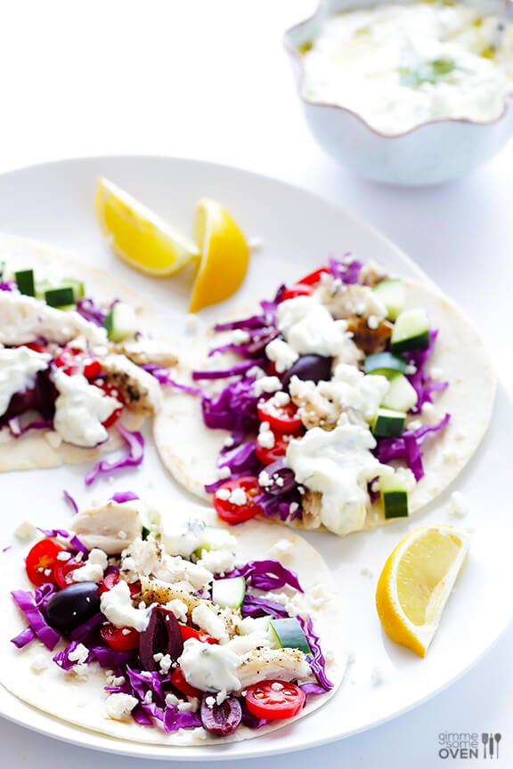 Greek Fish Tacos | gimmesomeoven.com #glutenfree