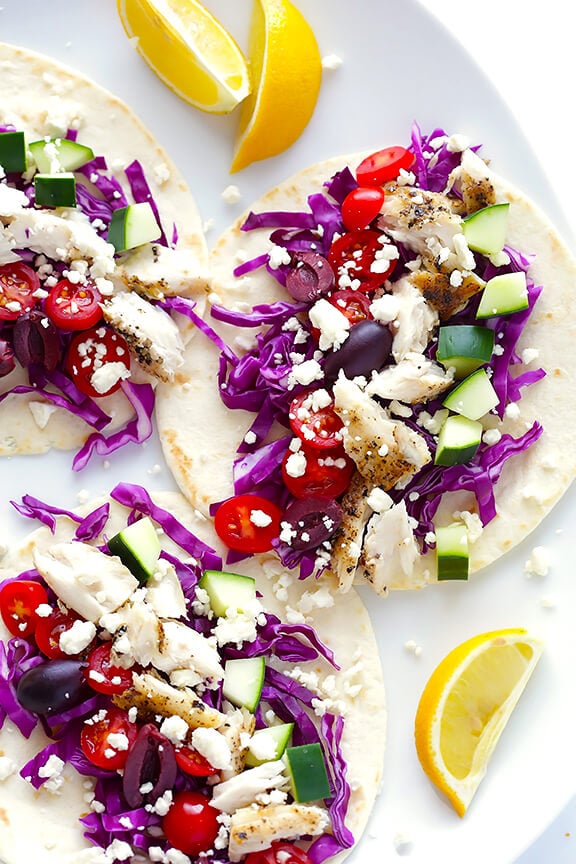 Greek Fish Tacos | gimmesomeoven.com #glutenfree