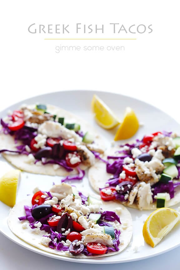 Greek Fish Tacos | gimmesomeoven.com #glutenfree