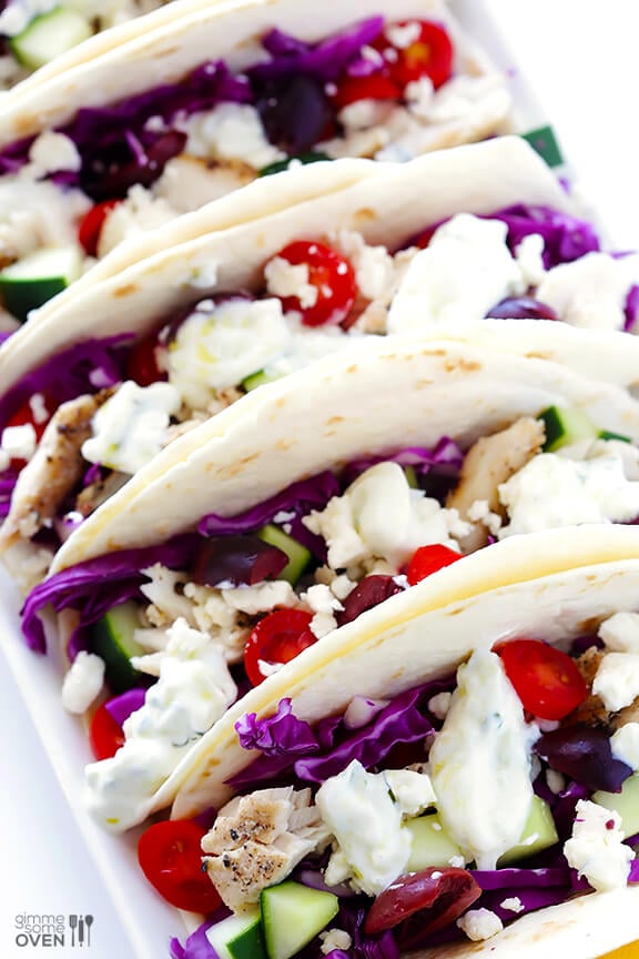 Greek Fish Tacos | gimmesomeoven.com #glutenfree