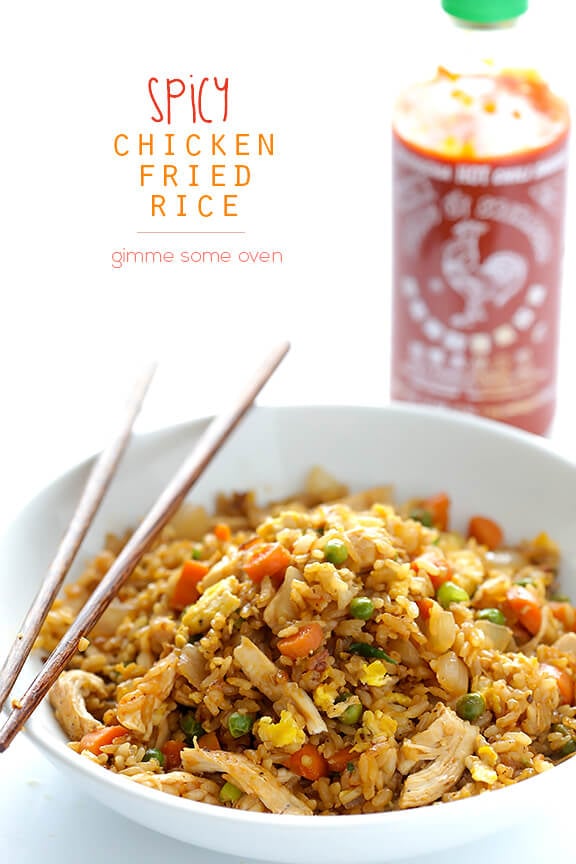 Spicy Chicken Fried Rice -- kicked up a notch with some sriracha, and ready to go in about 20 minutes! | gimmesomeoven.com