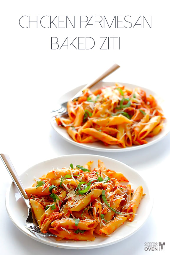 Chicken Parmesan Baked Ziti -- all you need are 6 simple ingredients for this comforting and delicious dish! | gimmesomeoven.com