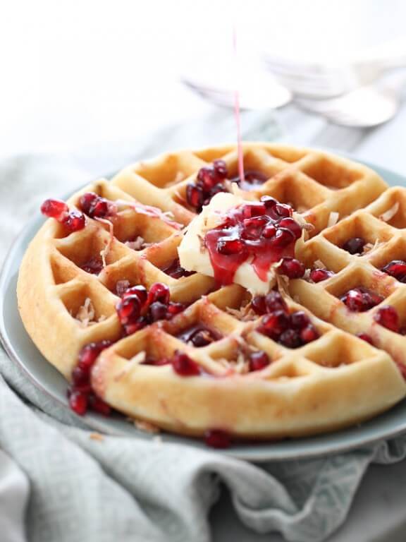 Coconut Waffles with Pomegranate Syrup | foodiecrush.com