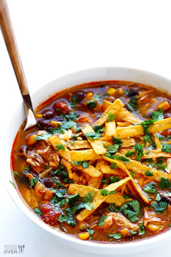 Slow Cooker Chicken Enchilada Soup | gimmesomeoven.com #crockpot