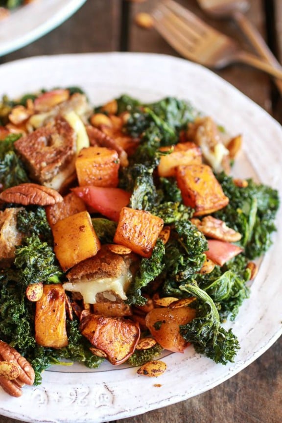 Crispy Kale Roasted Autumn Salad with Brie Grilled Cheese Croutons | halfbakedharvest.com