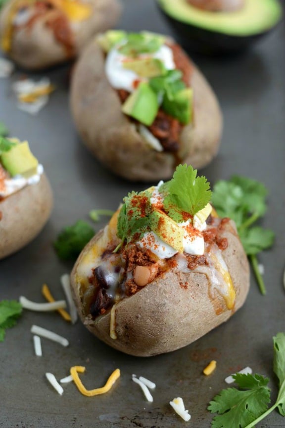 Crock-Pot Three Bean Turkey Chili Baked Potatoes | fitfoodiefinds.com