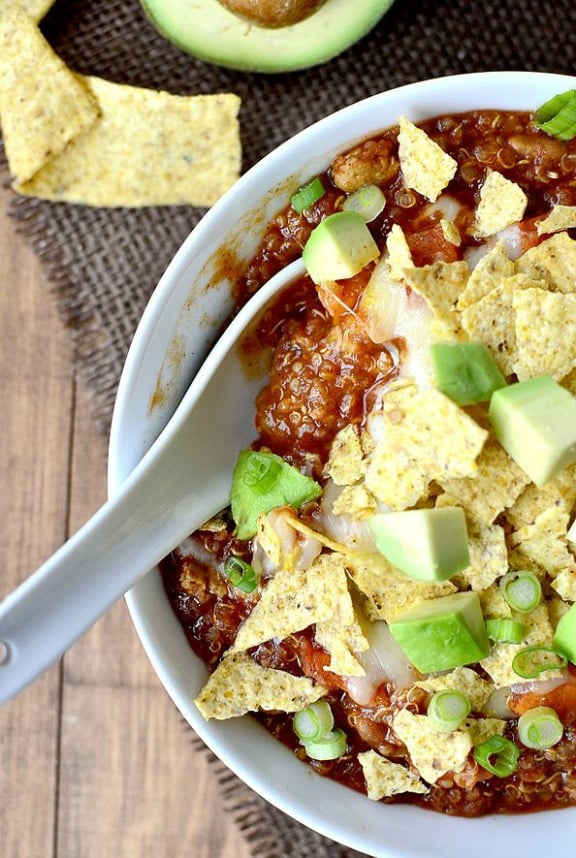 Crock Pot Sweet Potato and Quinoa Turkey Chili | iowagirleats.com