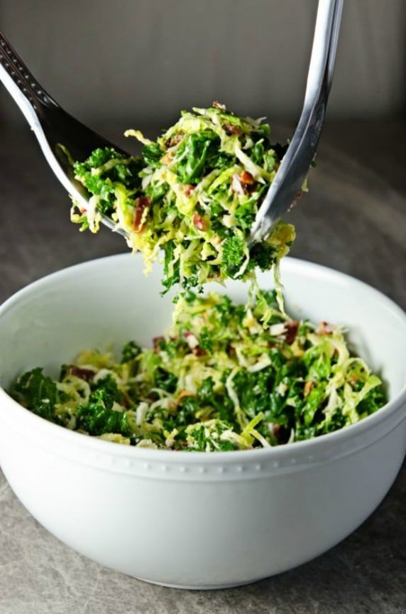 Kale and Brussels Sprouts Salad with Bacon and Pecorino | sugarandgrace.com