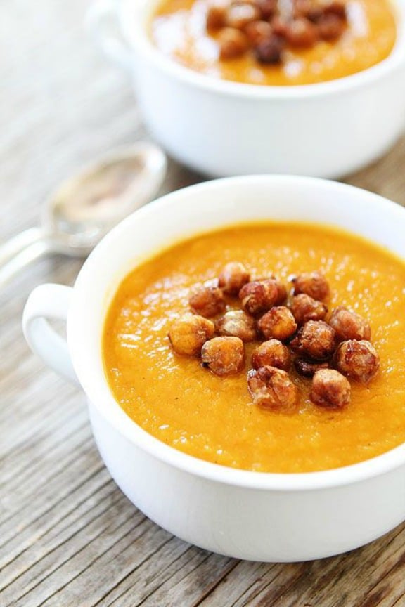 Slow Cooker Butternut Squash Soup with Maple Roasted Chickpeas | twopeasandtheirpod.com