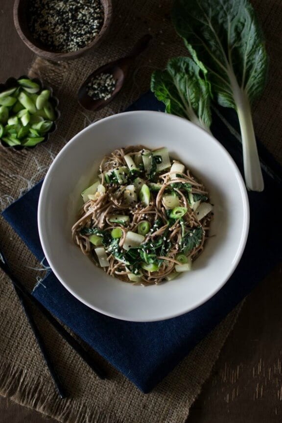 Soba Noodles with Bok Choy and Garlicky Miso-Tahini Sauce | foolproofliving.com