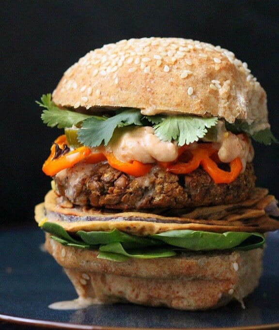 Red Lentil Cauliflower Burgers with Chipotle Habanero Mayo, Onion Rings, and Roasted Peppers | veganricha.com