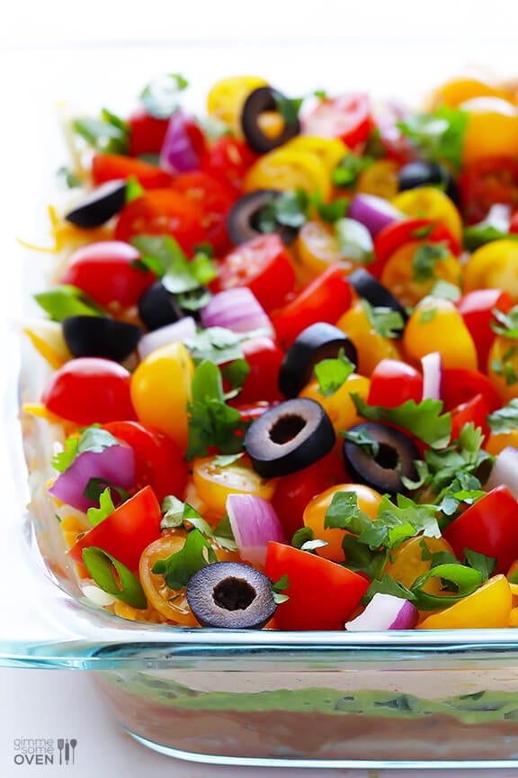 7 Layer Dip -- a fresh recipe for this classic dip that's always a crowd-pleaser! | gimmesomeoven.com #appetizer #gameday