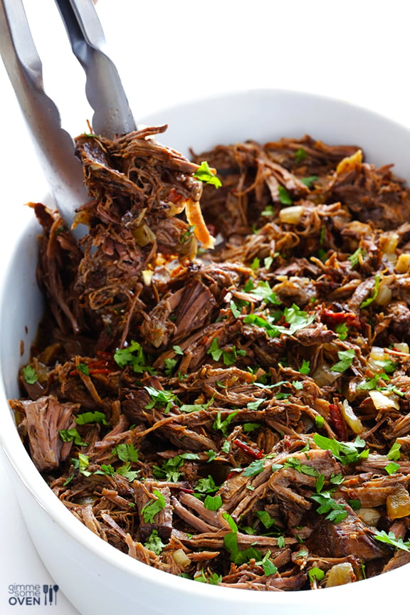Barbacoa Beef -- tender, flavorful, and made extra easy in the slow cooker | gimmesomeoven.com #crockpot #slowcooker