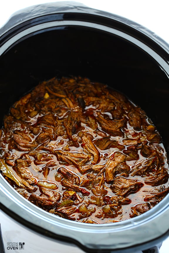 Barbacoa Beef -- tender, flavorful, and made extra easy in the slow cooker | gimmesomeoven.com #crockpot #slowcooker