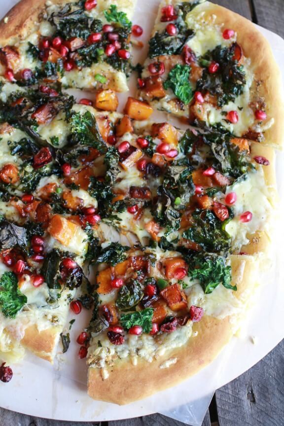 Caramelized Butternut, Crispy Kale & Fontina Pizza with Pomegranate Salsa | halfbakedharvest.com