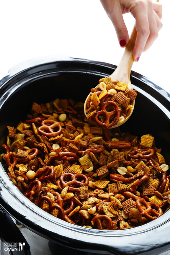 Slow Cooker Chex Mix -- so easy to make! | gimmesomeoven.com #slowcooker #crockpot #snack