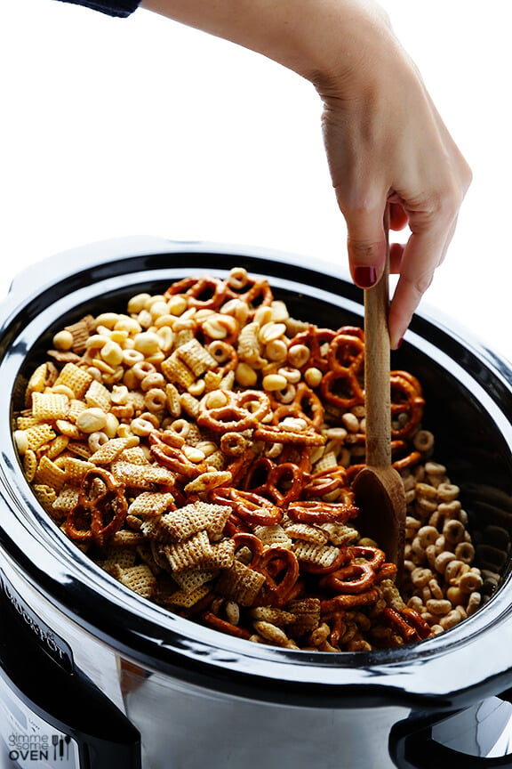 Slow Cooker Chex Mix -- so easy to make! | gimmesomeoven.com #slowcooker #crockpot #snack