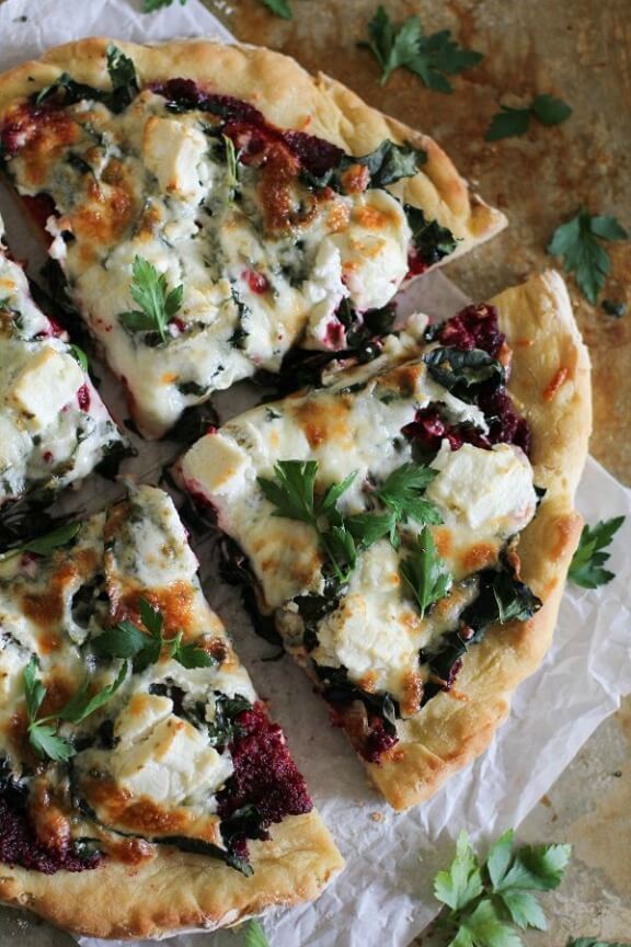 Beet Pesto Pizza with Kale and Goat Cheese | theroastedroot.net