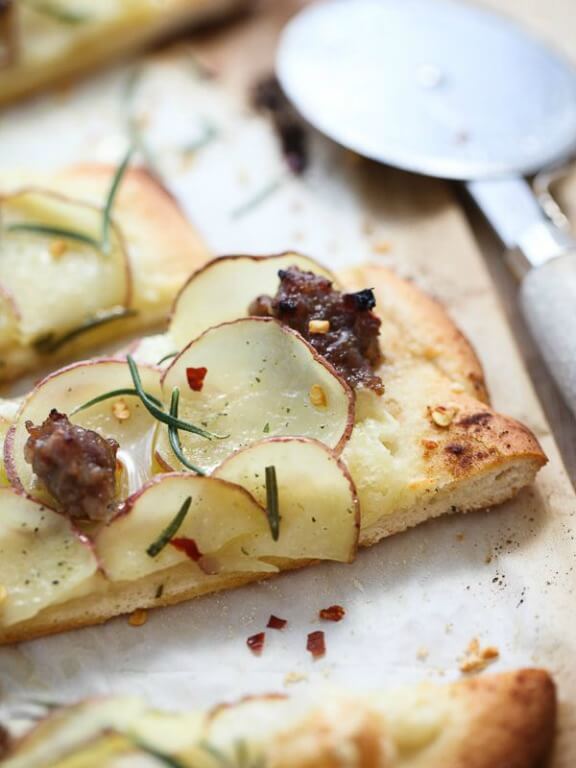 Red Potato, Sausage and Rosemary Fontina Pizza | foodiecrush.com