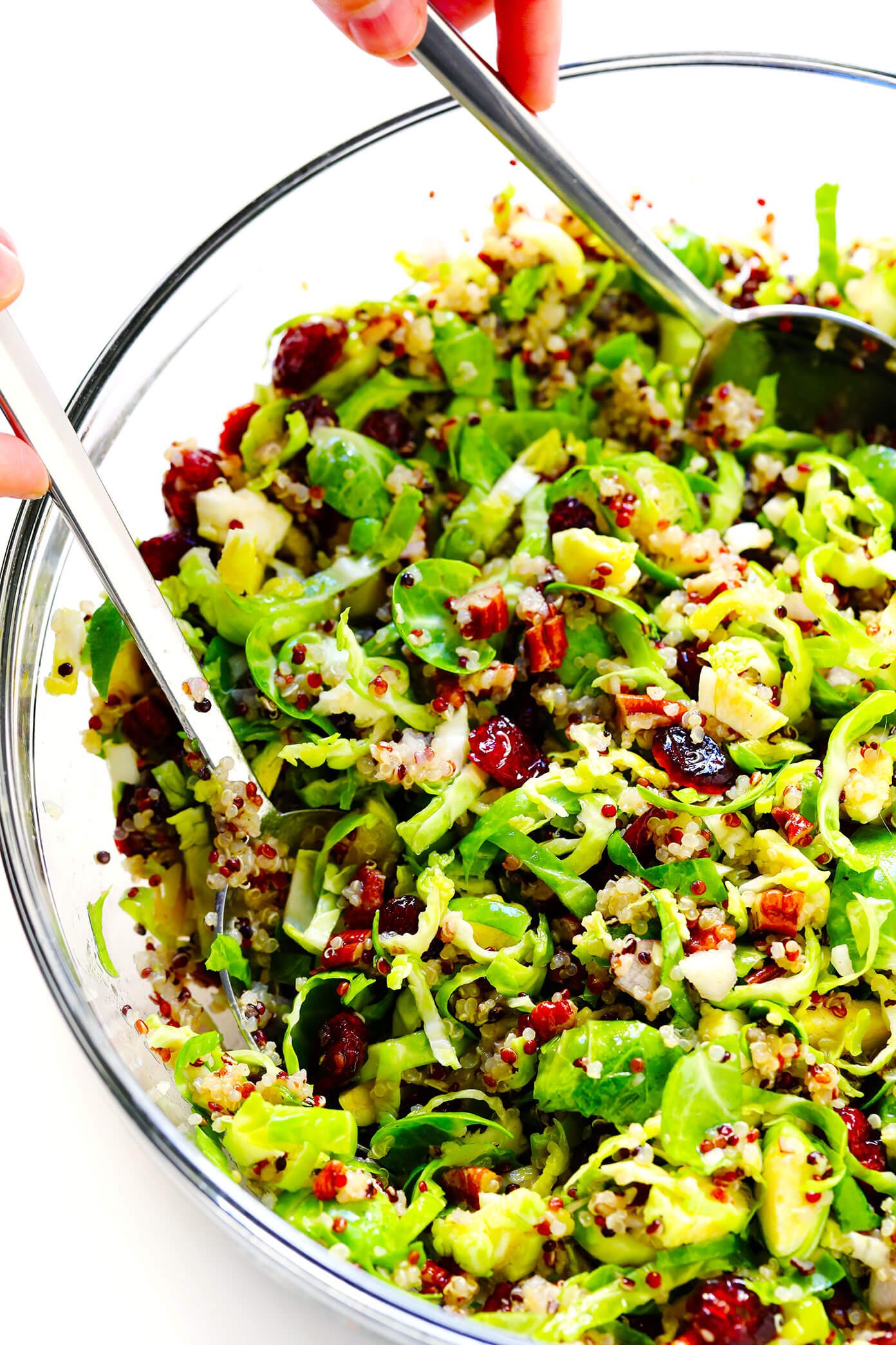 Shredded Brussels Sprouts Salad with Cranberry, Pecans and Quinoa