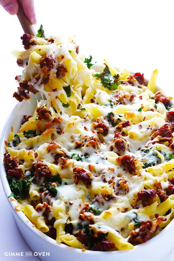 5-Ingredient Italian Sausage and Kale Baked Ziti via Gimme Some Oven